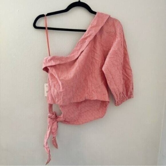 NEW Free People Get Down One Shoulder Crop Top Size 10 Red White Striped Print - Picture 9 of 10
